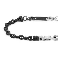 Bracciale catena marine e catena con elementi in acciaio e in ceramica sfaccettata nera lucida