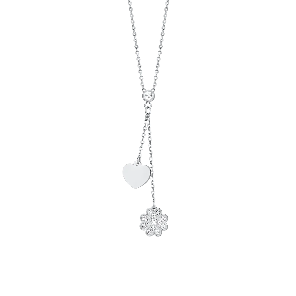 COLLANA DONNA IN ACCIAIO QUADRIFOGLIO E CUORE