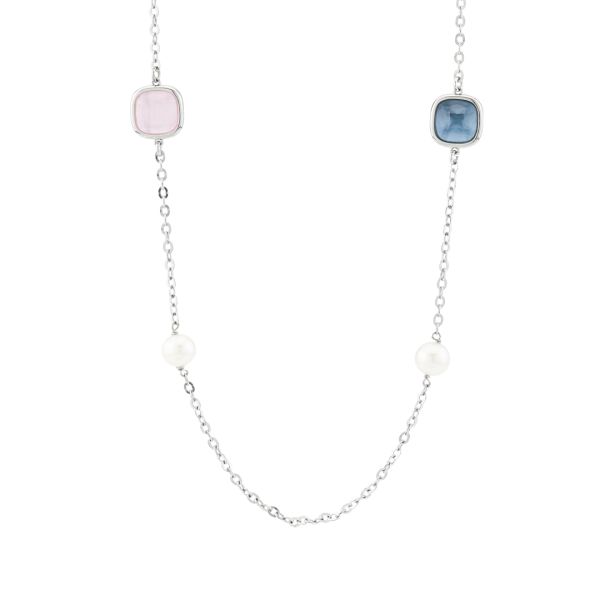 Collana lunga con cristalli medi rosa baby e acquamarina e perle