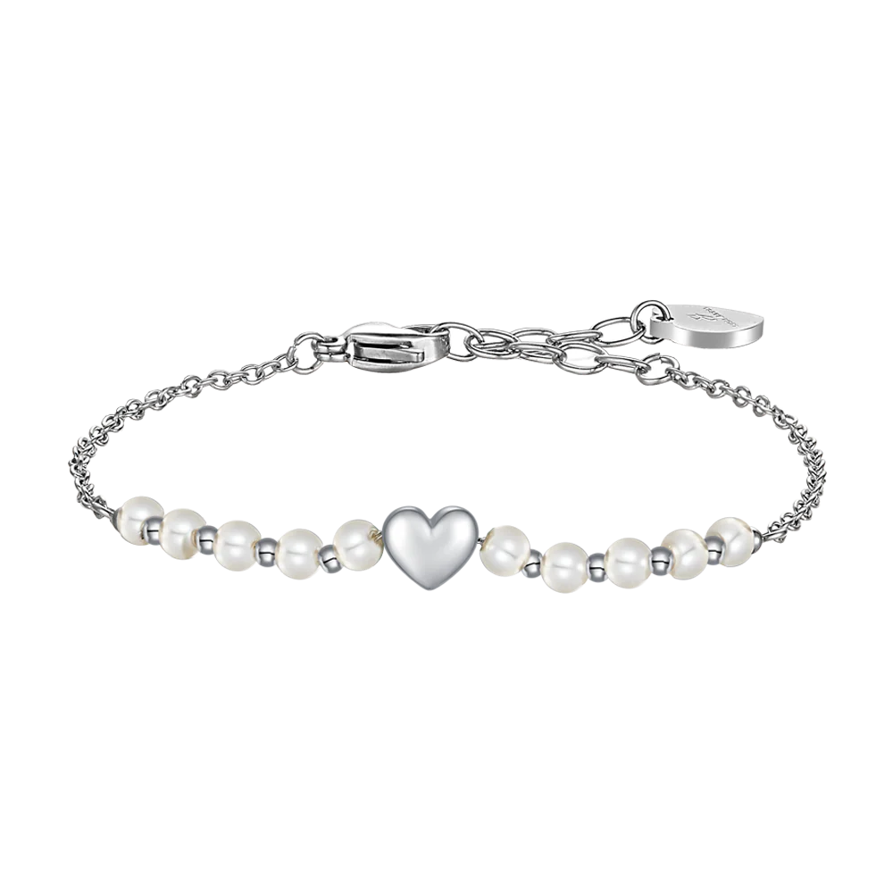 BRACCIALE DONNA IN ACCIAIO E PERLE SINTETICHE BIANCHE CON CUORE