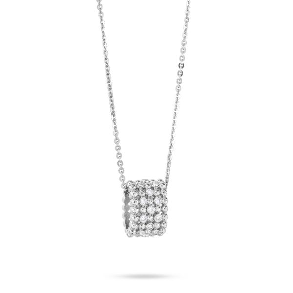 Collana girocollo con pendente a cilindro in texture sferica e zirconi incastonati.