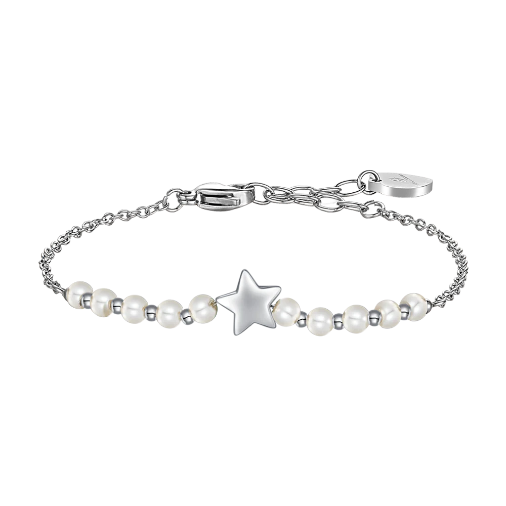 BRACCIALE DONNA IN ACCIAIO E PERLE SINTETICHE BIANCHE CON STELLA