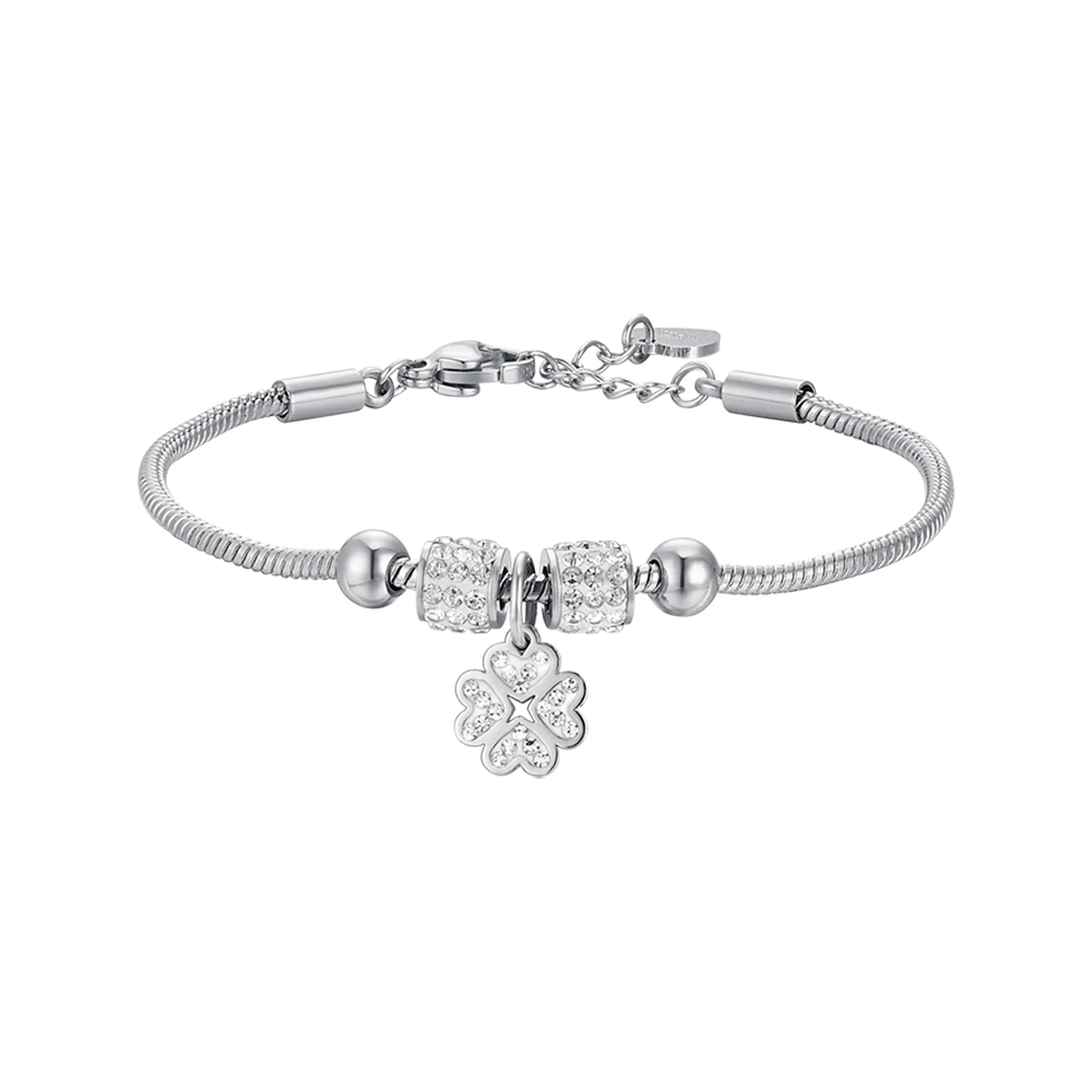 BRACCIALE BAMBINA IN ACCIAIO CON QUADRIFOGLIO CON CRISTALLI BIANCHI