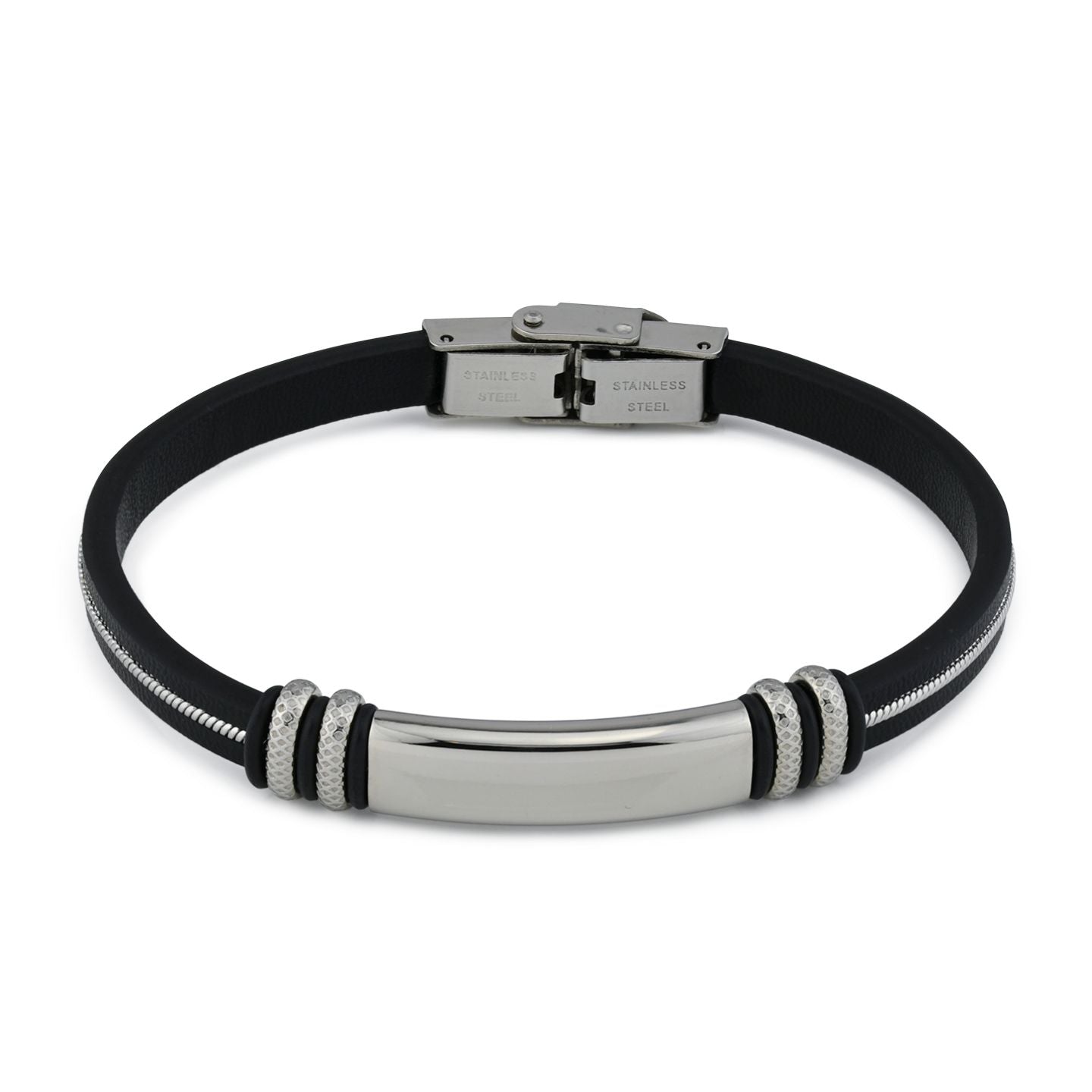 Bracciale uomo in pelle nera con placca centrale e moduli laterali zirconati