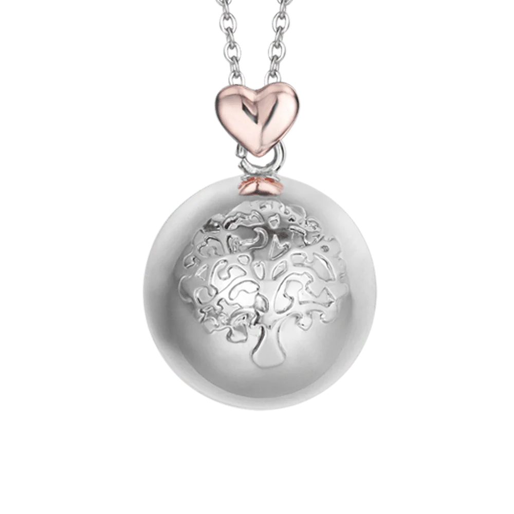 COLLANA CHIAMA ANGELI IN ACCIAIO,SFERA IN METALLO CON ALBERO DELLA VITA E CUORE