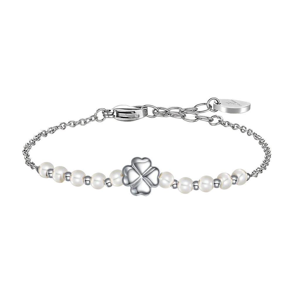 BRACCIALE DONNA CON QUADRIFOGLIO IN ACCIAIO E PERLE SINTETICHE BIANCHE