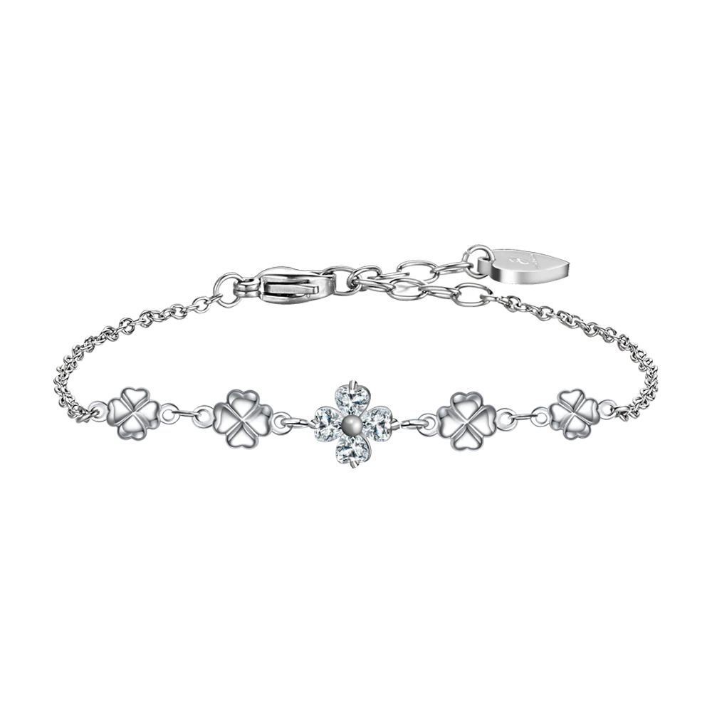 BRACCIALE IN ACCIAO CON QUADRIFOGLI E ZIRCONI BIANCHI
