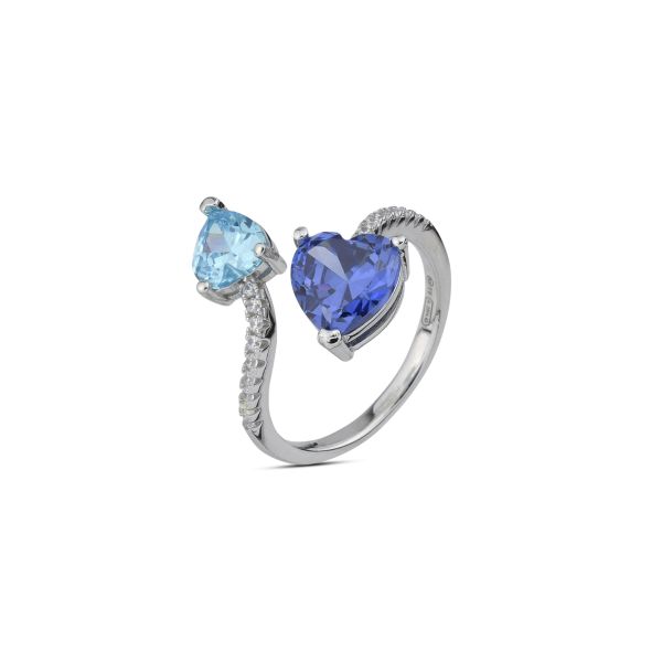 ANELLO CON ZIRCONI CUORE TANZANITE E ACQUAMARINA