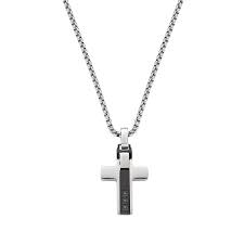 Collana Pendente Croce e Zirconi Neri in Acciaio