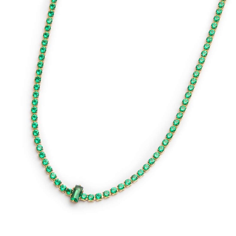 Collana tennis con zirconi VERDE e zircone centrale baguette (BASE BIANCA)