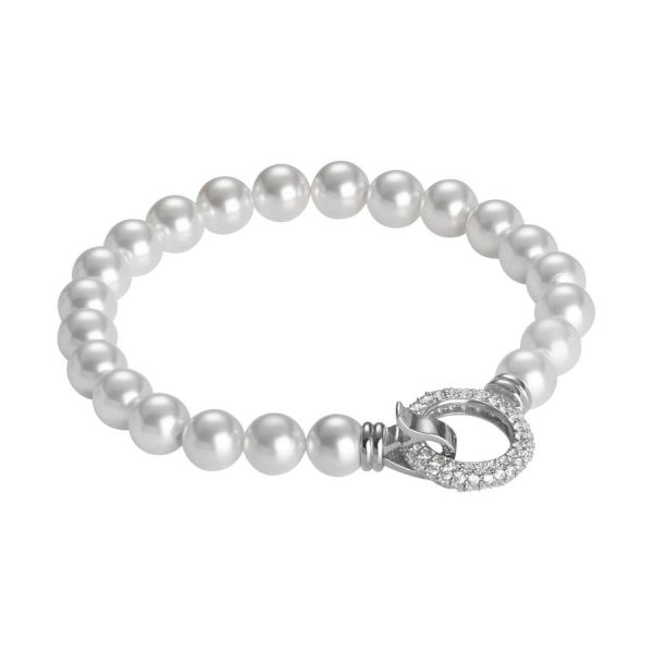 Bracciale con filo di perle e chiusura a scatto circolare in zirconi