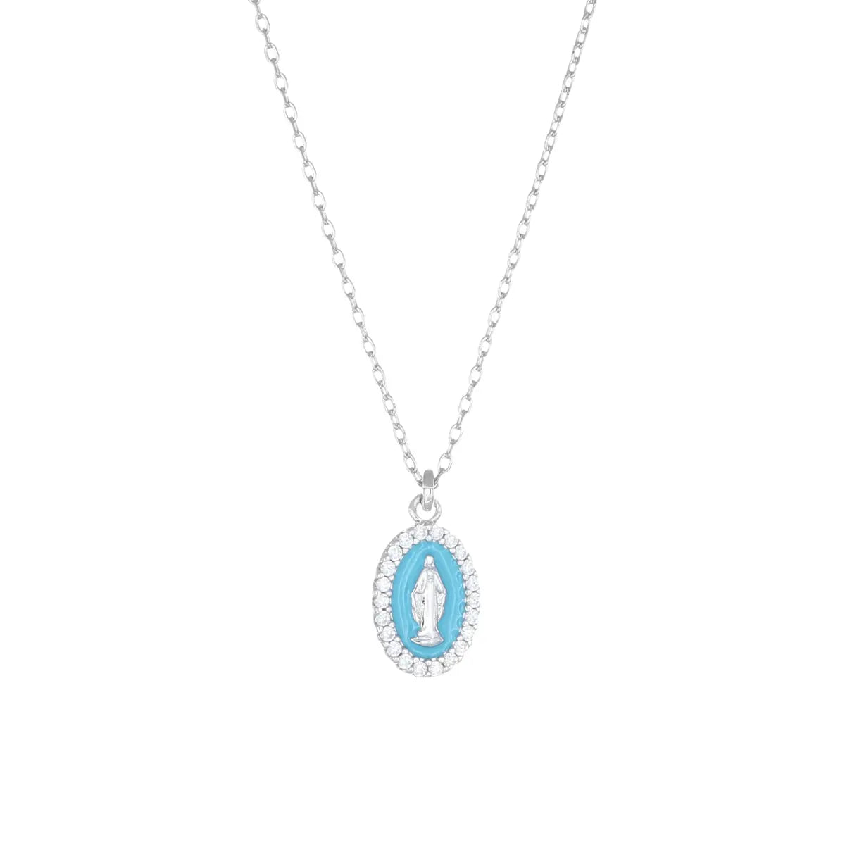 Collana Rodiata mini Medaglia Miracolosa smaltata Turchese