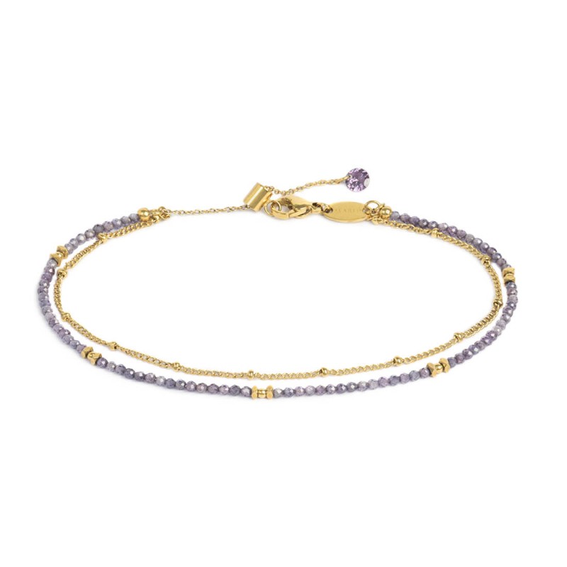Cavigliera doppia catena con zirconi viola base gialla