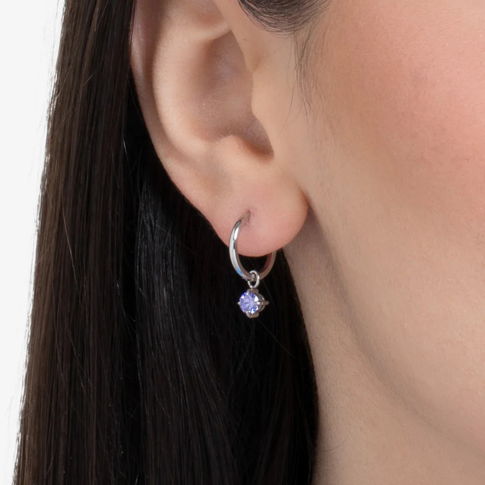 MONO ORECCHINI DONNA IN ACCIAIO CERCHIO CON ZIRCONE VIOLA