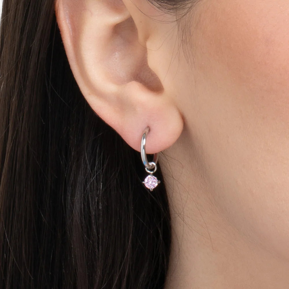 MONO ORECCHINI DONNA CERCHIO IN ACCIAIO CON ZIRCONE ROSA