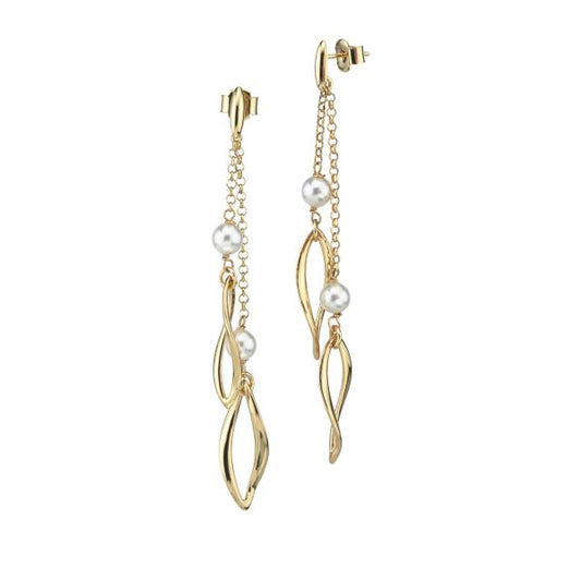 Orecchini pendenti placcati oro giallo a due fili con perle e foglie torchon