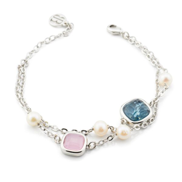 Bracciale rodiato con cristalli rosa baby e blu london e perle naturali