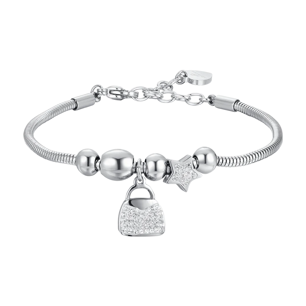 BRACCIALE DONNA IN ACCIAIO BORSA E CRISTALLI