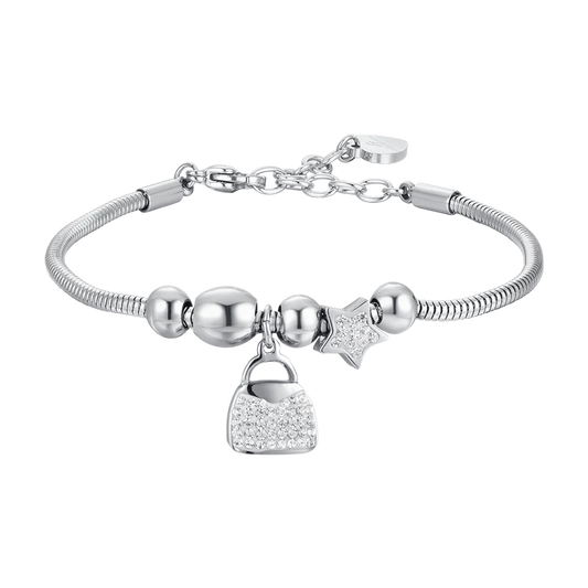 BRACCIALE DONNA IN ACCIAIO BORSA E CRISTALLI