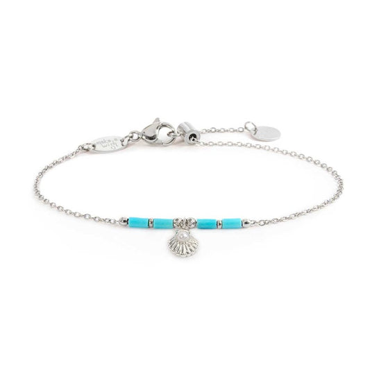 Bracciale conchiglia pendente con perla e perline a tubo turchesi BASE BIANCA