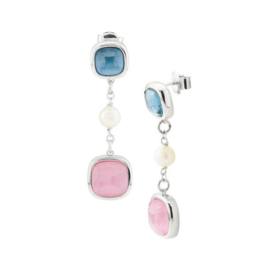 Orecchini con cristalli pendenti tormalina rosa e acquamarina, separati da una perla
