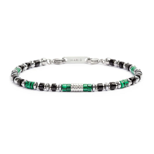 Bracciale con rondelle in malachite ed onice nera e cilindro diamantato