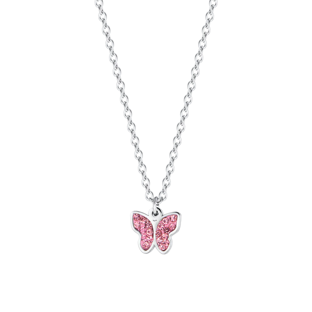 COLLANA BAMBINA IN ACCIAIO CON FARFALLA E CRISTALLI ROSA