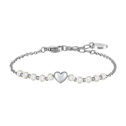 BRACCIALE DONNA IN ACCIAIO E PERLE SINTETICHE BIANCHE CON CUORE