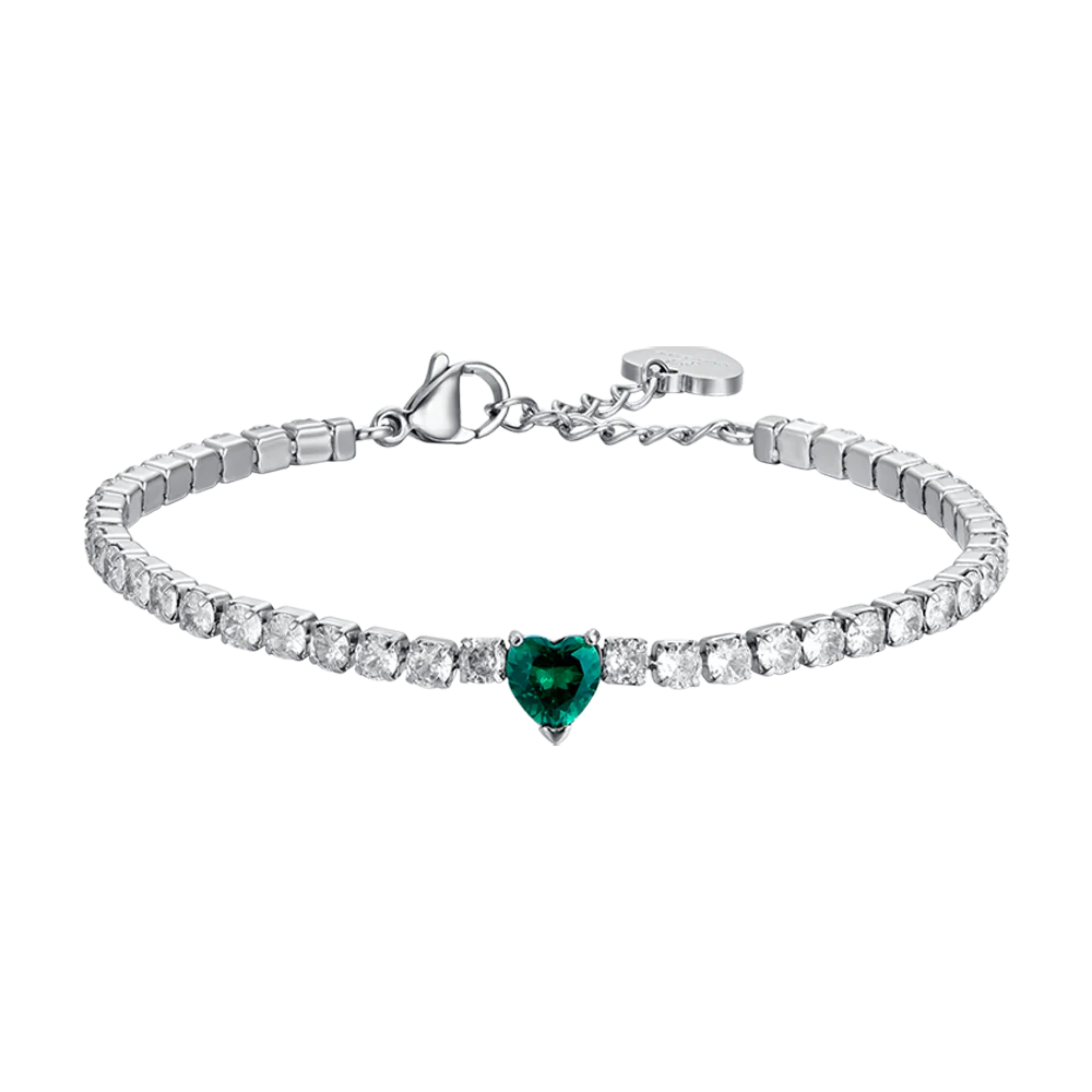BRACCIALE TENNIS DONNA IN ACCIAIO CON CRISTALLI BIANCHI E CUORE CRISTALLO VERDE