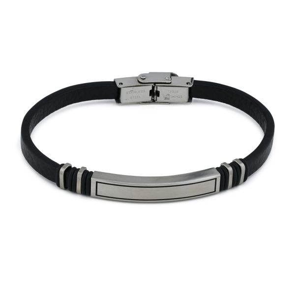 Bracciale uomo in pelle nera con placca centrale e moduli laterali lisci