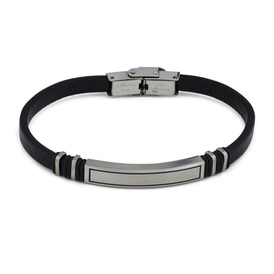 Bracciale uomo in pelle nera con placca centrale e moduli laterali lisci