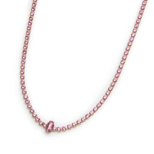 Collana tennis con zirconi ROSA  e zircone centrale baguette (BASE GIALLA )