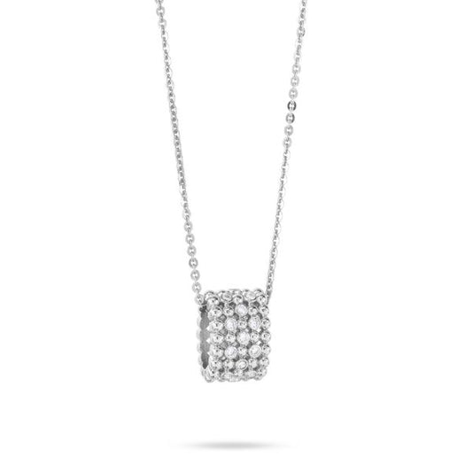 Collana girocollo con pendente a cilindro in texture sferica e zirconi incastonati.
