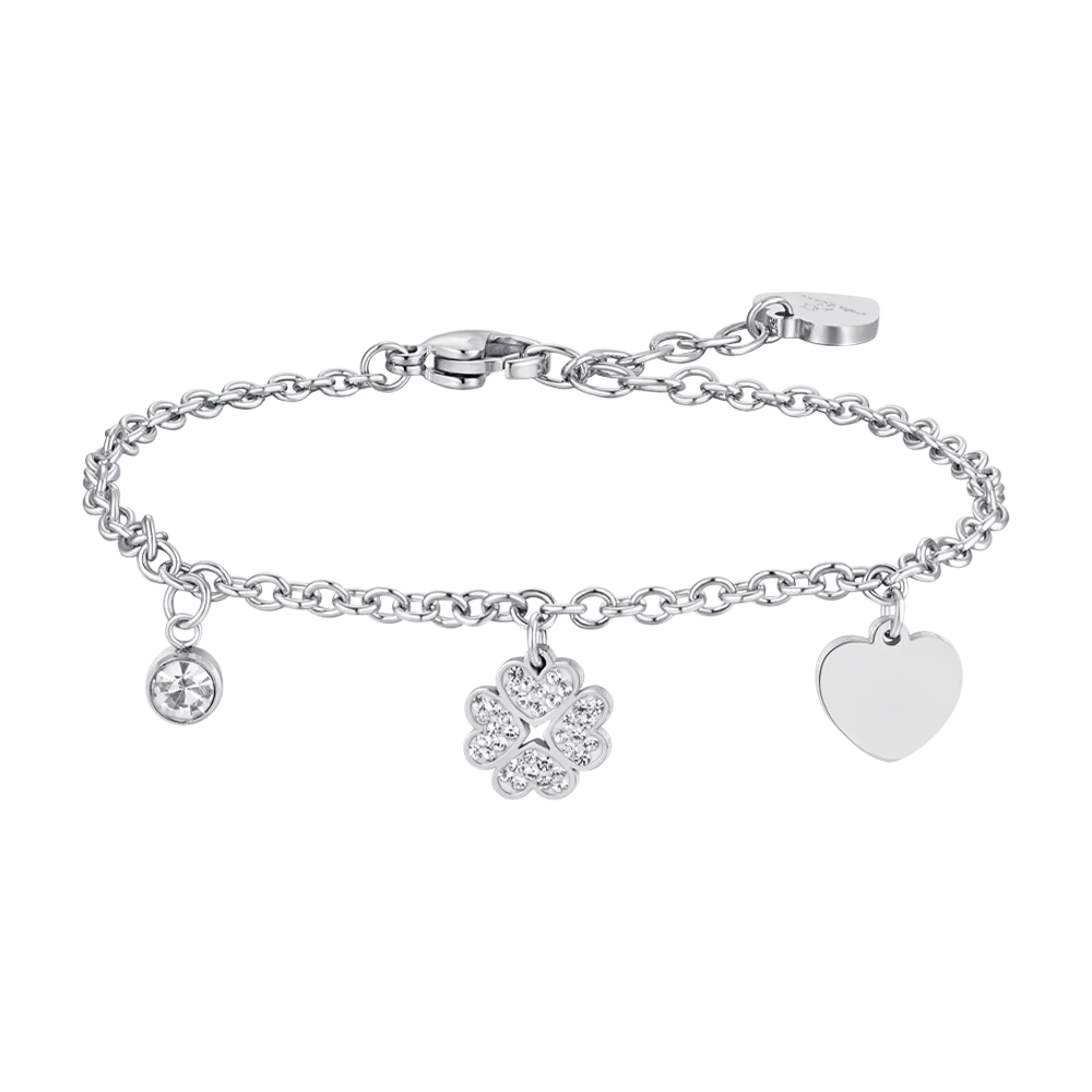 BRACCIALE DONNA IN ACCIAIO QUADRIFOGLIO E CUORE