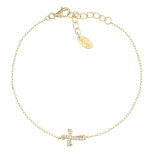 Bracciale Dorato Croce Ondulata con Zirconi Bianchi