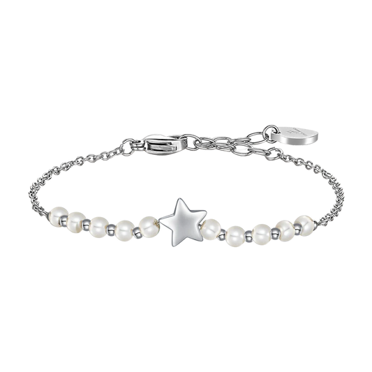 BRACCIALE DONNA IN ACCIAIO E PERLE SINTETICHE BIANCHE CON STELLA