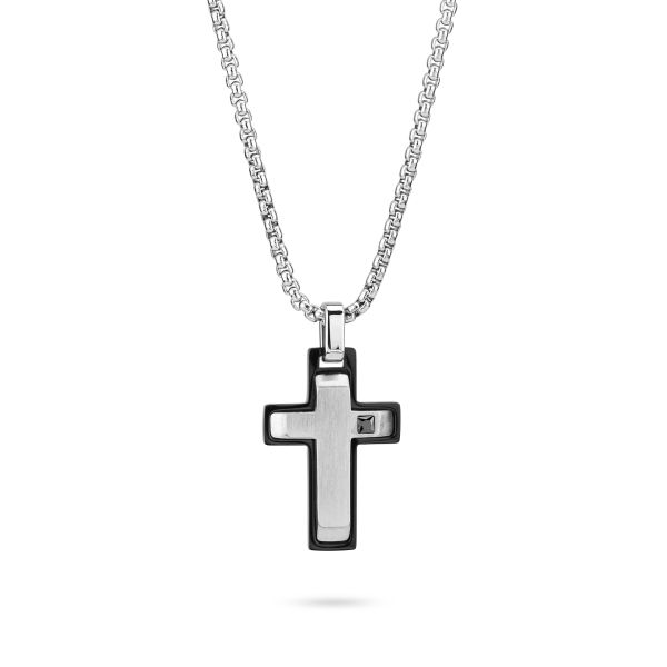 Collana uomo con pendente in Pvd nero e croce in acciaio con zircone nero
