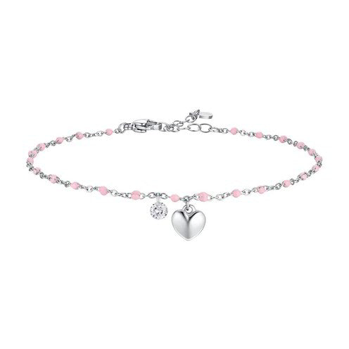 CAVIGLIERA CON PALLINE ROSA E PENDENTE A CUORE ACCIAIO