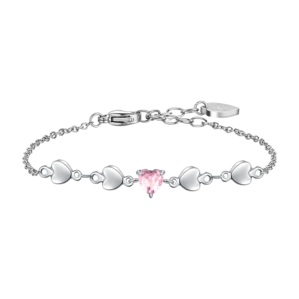 BRACCIALE DONNA IN ACCIAIO CON CUORI E ZIRCONE ROSA