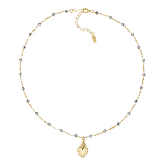 Collana Dorata Sacro Cuore con Cristalli Grigi