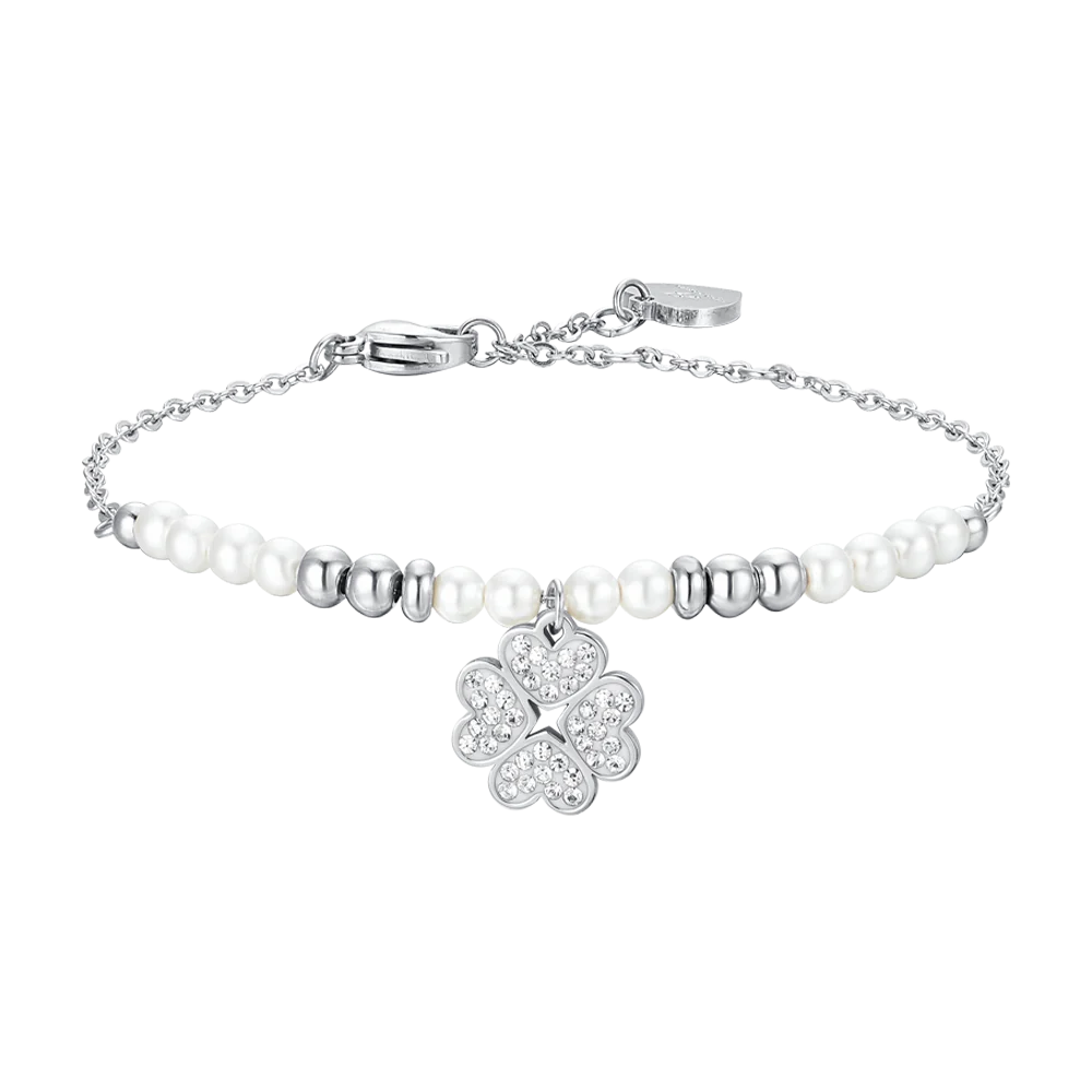 BRACCIALE DONNA IN ACCIAIO CON PERLE E QUADRIFOGLIO