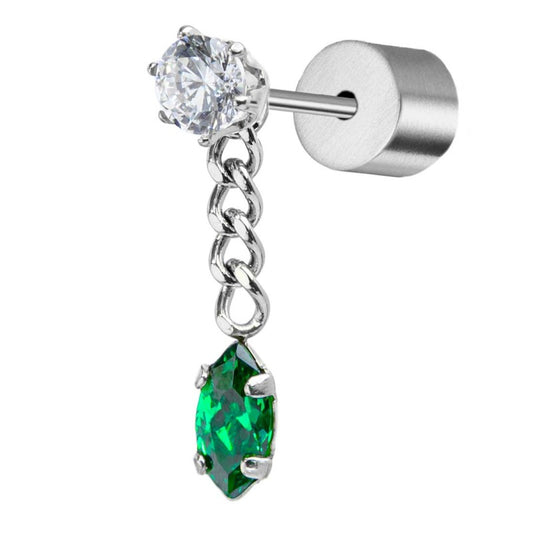 Orecchino a lobo catena grumetta con zirconi VERDI ( BASE BIANCA o ORO )