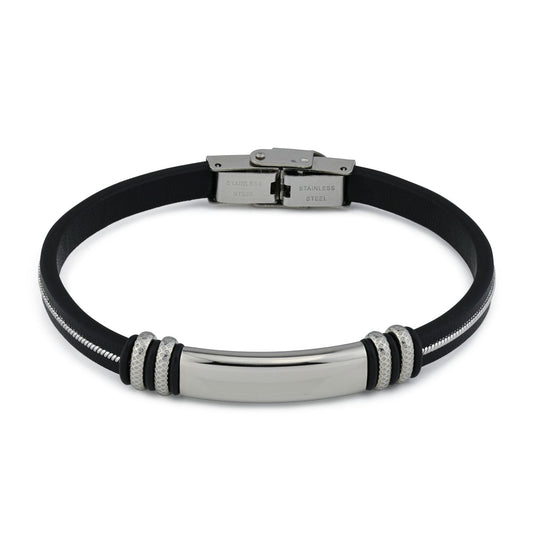 Bracciale uomo in pelle nera con placca centrale e moduli laterali zirconati