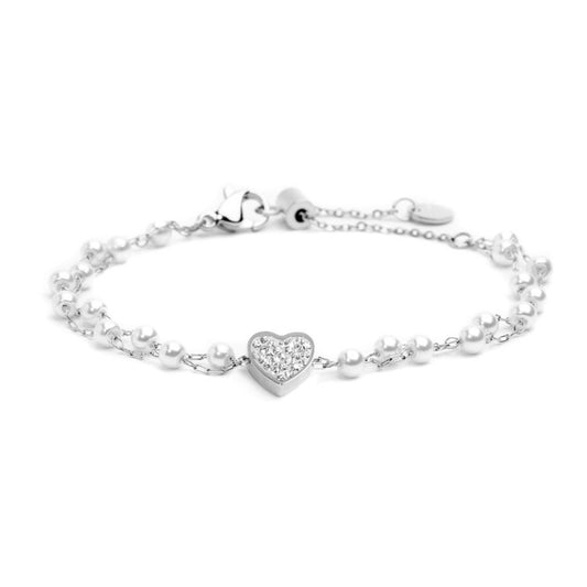 Bracciale cuore cristalli doppia catena con perle (BASE BIANCA o GIALLA o ROSA )