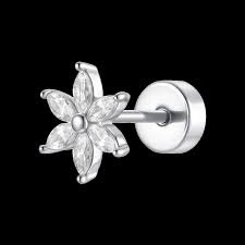 PIERCING ORECCHIO DONNA IN ACCIAIO FIORE PETALI ZIRCONI BIANCHI
