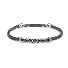 Bracciale catena sonaglio piatta centrale con elementi in ceramica sfaccettata nera lucida