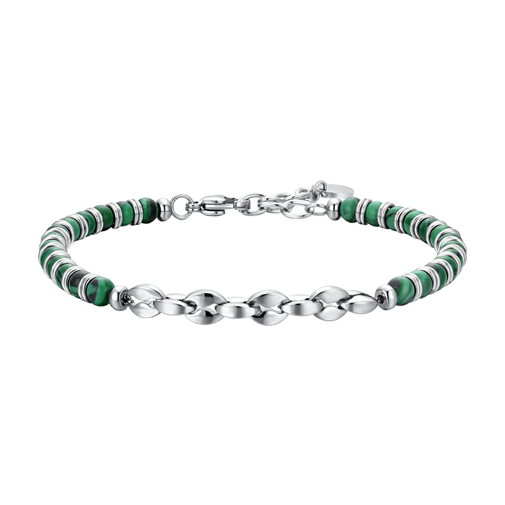 BRACCIALE UOMO IN ACCIAIO PIETRE VERDI ED ELEMENTI IN ACCIAIO