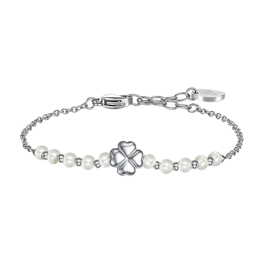BRACCIALE DONNA CON QUADRIFOGLIO IN ACCIAIO E PERLE SINTETICHE BIANCHE