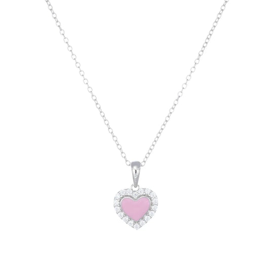 Collana con Cuore Smaltato Rosa e Zirconi Bianchi
