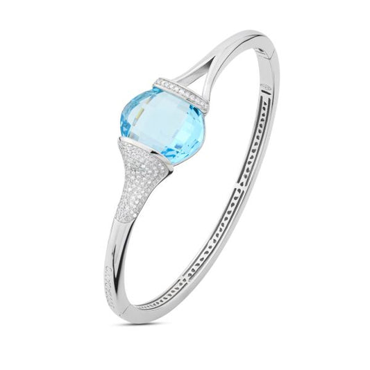 Bracciale in argento rigido con cristallo acquamarina grande e zirconi